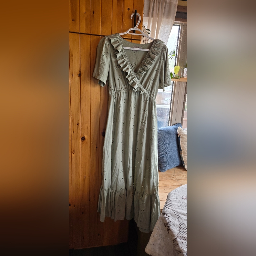 ASOS Ruffle Broderie Midi Dress in Sage Green